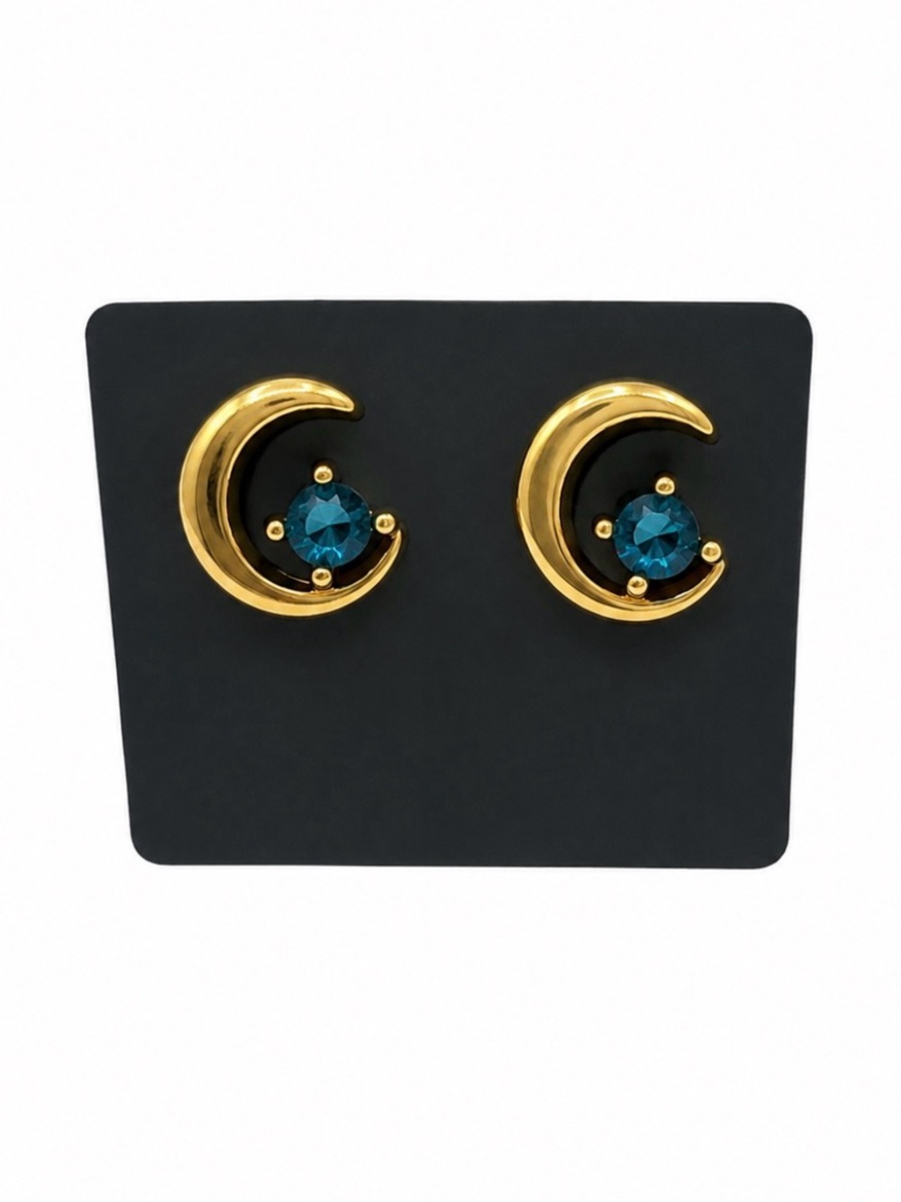 Vintage Gold Tone Crescent Moon Blue Crystal Stud Earrings Boho